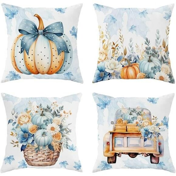 Fall Pumpkin Pillow Covers Set of 4 Velvet 18x18 Blue Orange Decorative Cushions - Picture 8 of 8